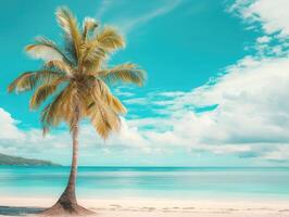 ai genererad handflatan träd på tropisk strand med blå himmel och vit moln abstrakt bakgrund. kopia Plats av sommar semester och företag resa begrepp. årgång tona filtrera effekt Färg stil foto