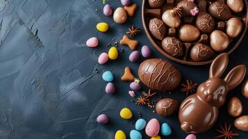 ai genererad utsökt choklad påsk ägg ,kanin och sötsaker på mörk blå bakgrund foto