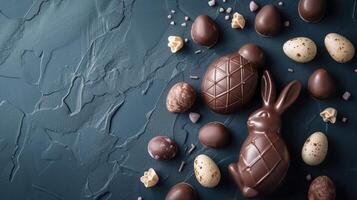 ai genererad utsökt choklad påsk ägg ,kanin och sötsaker på mörk blå bakgrund foto