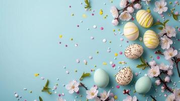 ai genererad Lycklig påsk färgrik påsk choklad ägg med körsbär blommar platt lägga på blå bakgrund. eleganta anbud vår mall med Plats för text. hälsning kort eller baner foto