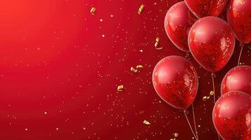 ai genererad födelsedag röd ballonger bakgrund design Lycklig födelsedag gyllene ballong och konfetti dekoration element för födelse dag firande hälsning kort design foto