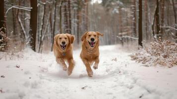 ai genererad Lycklig gyllene retriever hundar löpning i de vinter- skog foto