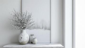 ai genererad delikat vas pryder en lång vit fönster, vilar på en vit trä- tabell. en inramade bild av en snöig landskap serverar som de bakgrund foto