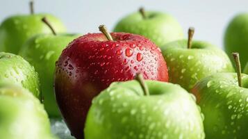 ai genererad röd äpple bland grön äpplen isolerat på en vit foto