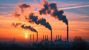 ai genererad rök stackar emitterande kol förorening in i de himmel orsakar klimat förändra foto