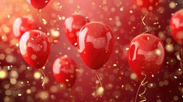 ai genererad födelsedag röd ballonger bakgrund design Lycklig födelsedag gyllene ballong och konfetti dekoration element för födelse dag firande hälsning kort design foto