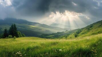 ai genererad regn och Sol genom de moln över de grön sommar karpater dimmig berg kullar. regnig kväll panorama. foto