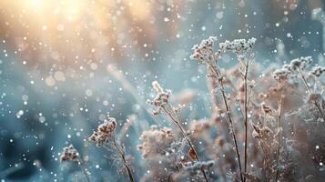 ai genererad vinter- atmosfärisk landskap med frosttäckt torr växter under snöfall. vinter- jul backgroun foto