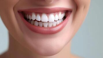 ai genererad skön bred leende av ung färsk kvinna med bra friska vit tänder. isolerat över bakgrund foto