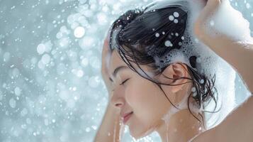 ai genererad kvinna tvättning hår med schampo och dusch i badrum, asiatisk kvinna kropp och hår vård med skum till friskhet. spa och hälsa vård. foto