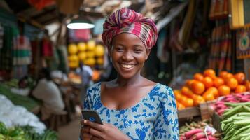 ai genererad porträtt av leende afrikansk kvinna använder sig av mobil telefon i en lokal- marknadsföra. foto