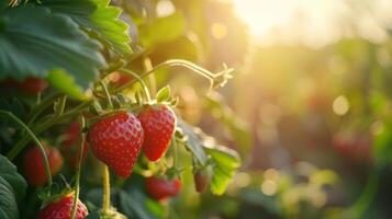 ai genererad en gren med naturlig jordgubbar på en suddig bakgrund av en jordgubb fält på gyllene timme. de begrepp av organisk, lokal, säsong- frukt och skörda foto