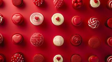ai genererad muffin kärlek med hjärttema behandlar på en vibrerande röd bakgrund foto