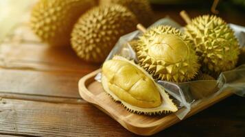 ai genererad färsk Durian i förpackning på trä- maträtt med Durian skal. Durian kung av frukt. tropisk frukt. foto