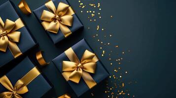 ai genererad elegant gåva lådor med gyllene band och rosett. Lycklig födelsedag firande kort baner mall bakgrund foto