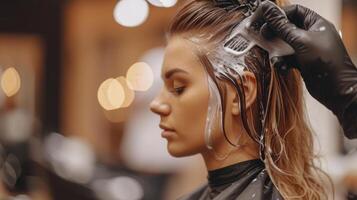 ai genererad skön frisyr av ung kvinna efter döende hår och framställning slingor i hår salong. foto
