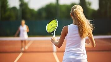 ai genererad ung kvinna spelar tennis på de domstol. sport och friska livsstil. foto