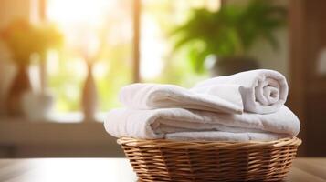 ai genererad korg med rena handdukar på tabell i spa salong, närbild foto