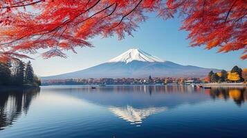 ai genererad mt fuji och Kawaguchiko sjö i höst säsong. foto