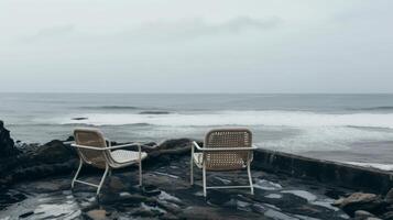 ai genererad två utomhus- vardagsrum stolar Nästa till hav kust foto