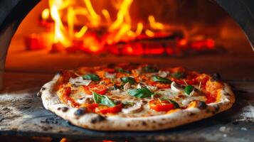 ai genererad pizza i de traditionell trä ugn med brand brinnande foto
