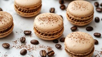 ai genererad kaffe macarons på en ljus bakgrund med kaffe bönor, topp se foto