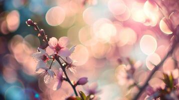 ai genererad springtime bokeh med blomstrande träd foto