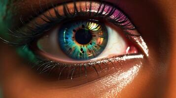 ai genererad närbild av en mänsklig öga med en blå och gul iris, omgiven förbi färgrik öga skugga och lång ögonfransar, de hud har en värma och mörk tona foto
