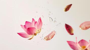 ai genererad lotus kronblad, vatten släppa och blad faller i vit bakgrund foto