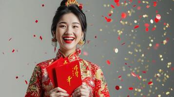 ai genererad överraskad Lycklig asiatisk kvinna i traditionell orientalisk kostym innehav röd kuvert eller ang pao i grå bakgrund med konfetti, kinesisk text betyder bra tur bra vinst foto