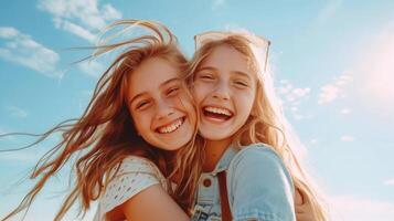 ai genererad intagande caucasian flickor uttrycker positiv känslor till kamera. utomhus- Foto av raffinerad systrar Framställ på himmel bakgrund.