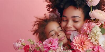 ai genererad Lycklig mor och dotter njuter kvalitet tid tillsammans. glad mamma fattande henne dotter omgiven förbi blommor. hjärtvärmande och känslomässigt resonans för mors dag foto
