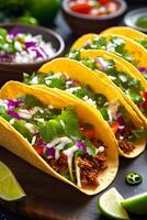 ai genererad porträtt av utsökt mexikansk mat tacos är presenteras i en vissa händelse av tillfälle foto