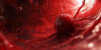 ai genererad fruktansvärd röd cancer celler sjukdom spridning på ett organ inuti mänsklig kropp. cancer behandling, cancer onkologi, växande tumör celler foto