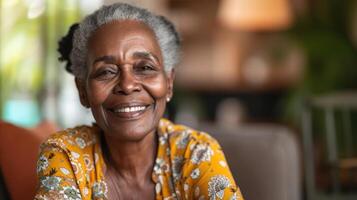 ai genererad stänga upp porträtt av snäll svart senior kvinna leende på kamera på Hem, kopia Plats foto