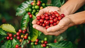 ai genererad färsk röd bär kaffe bönor i kvinna hand foto