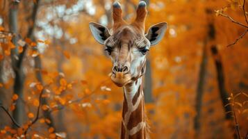 ai genererad porträtt av en giraff på en bakgrund av höst skog. foto