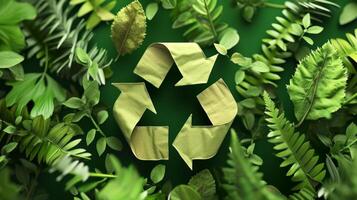 ai genererad grön återvinna symbol bakgrund. återvinning tecken för värld skydd, ekologisk miljö, noll kol dioxid utsläpp foto