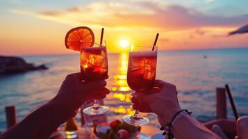 ai genererad par njuter av Skål glas av cocktail i en restaurang på solnedgång se hav. cocktail foto