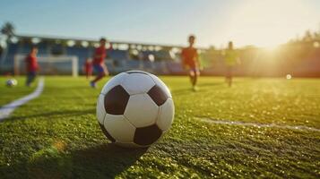 ai genererad fotboll fotboll Träning session för ungar. Pojkar Träning fotboll på de tonhöjd. fotboll stadion i de backgroun foto