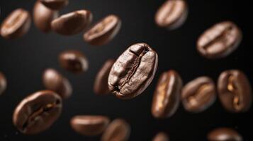 ai genererad kaffe bönor i flyg på en mörk bakgrund foto