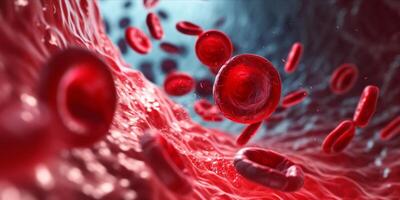 ai genererad mänsklig röd blod celler strömmande i blod fartyg. medicinsk hälsa vård begrepp foto