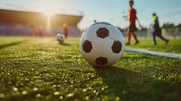 ai genererad fotboll fotboll Träning session för ungar. Pojkar Träning fotboll på de tonhöjd. fotboll stadion i de backgroun foto