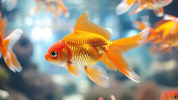 ai genererad guldfisk simning i en glas tank foto
