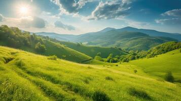 ai genererad skön landsbygden av Rumänien. solig eftermiddag. underbar springtime landskap i berg. gräs- fält och rullande kullar. lantlig scener foto