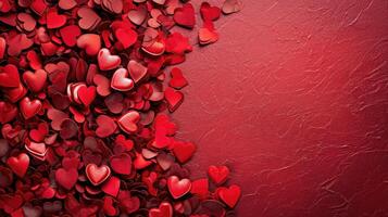 ai genererad valentine dag bakgrund med röd hjärtan, topp se . copy foto