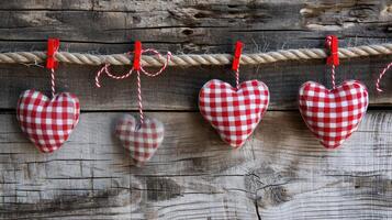 ai genererad gingham kärlek hjärtans hjärtan naturlig sladd och röd clips hängande på rustik drivved textur bakgrund, kopia Plats foto