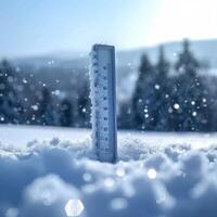 ai genererad vinter- temperatur termometer i faller snö utomhus, med Plats för text för social media posta storlek foto
