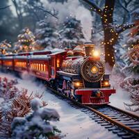 ai genererad magisk polär uttrycka Semester tåg rida genom snöig vinter- landskap för social media posta storlek foto