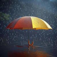 ai genererad färgrik paraply sköldar mot regndroppar faller från grå moln för social media posta storlek foto